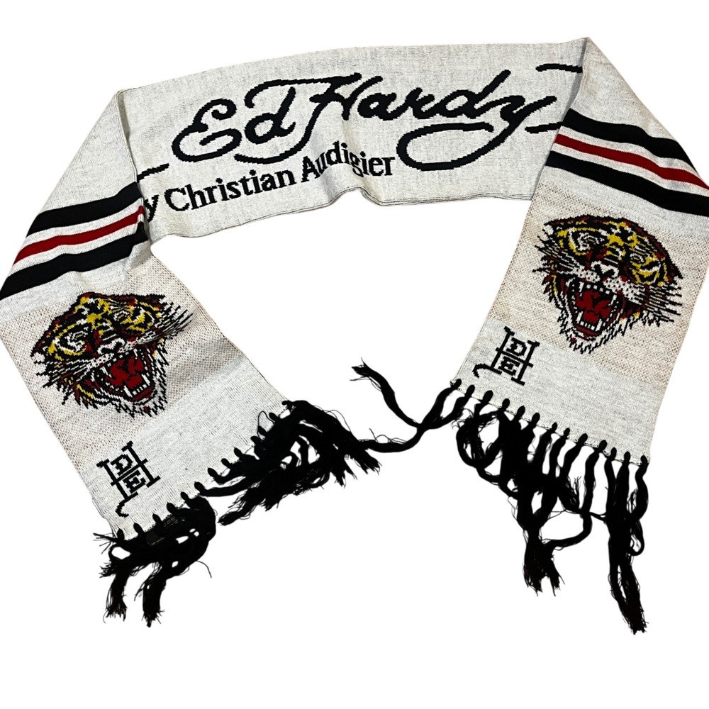 Ed Hardy Christian Audigier Tiger Logo Knit Scarf White Black